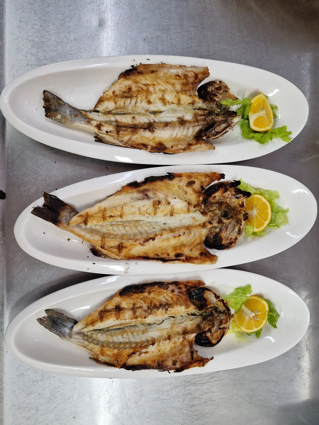 Three plates of grilled sea bass